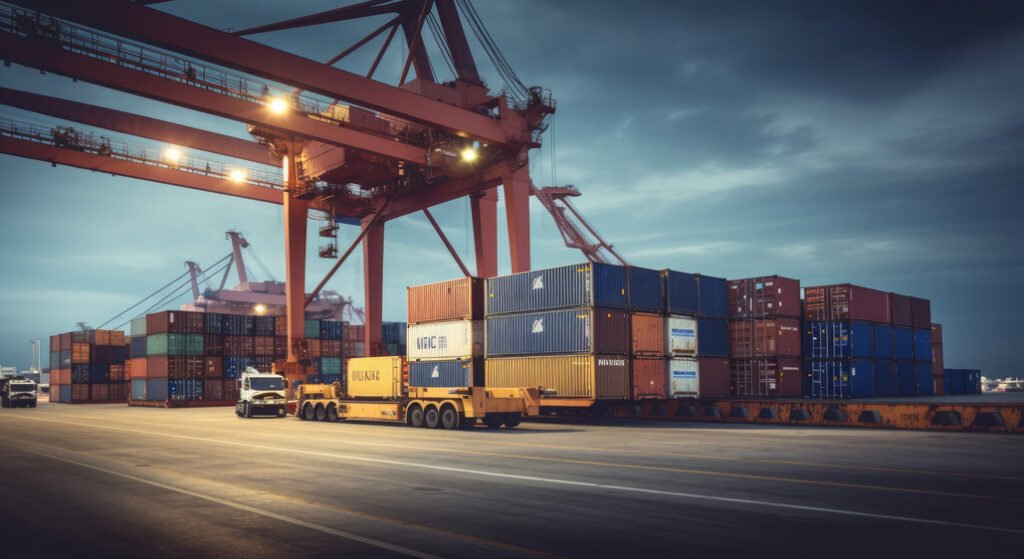 Logistics and transportation of Container Cargo ship and Cargo plane with working crane bridge in shipyard at sunrise, logistic import export and transport